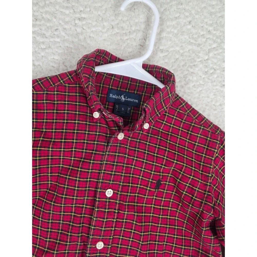 Polo Ralph Lauren Boys Size 5 Red Black Tartan Plaid Button Down Shirt Cotton